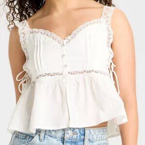 NWT, SZ L, 100% COTTON Lace Inset Cami Top, White